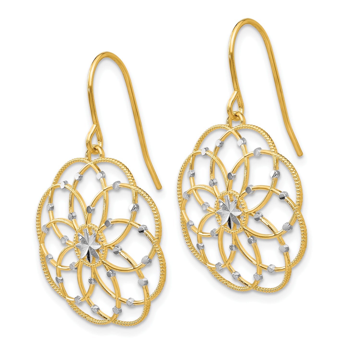 14k and White Rhodium Diamond-cut Floral Dangle French Hook Earrings