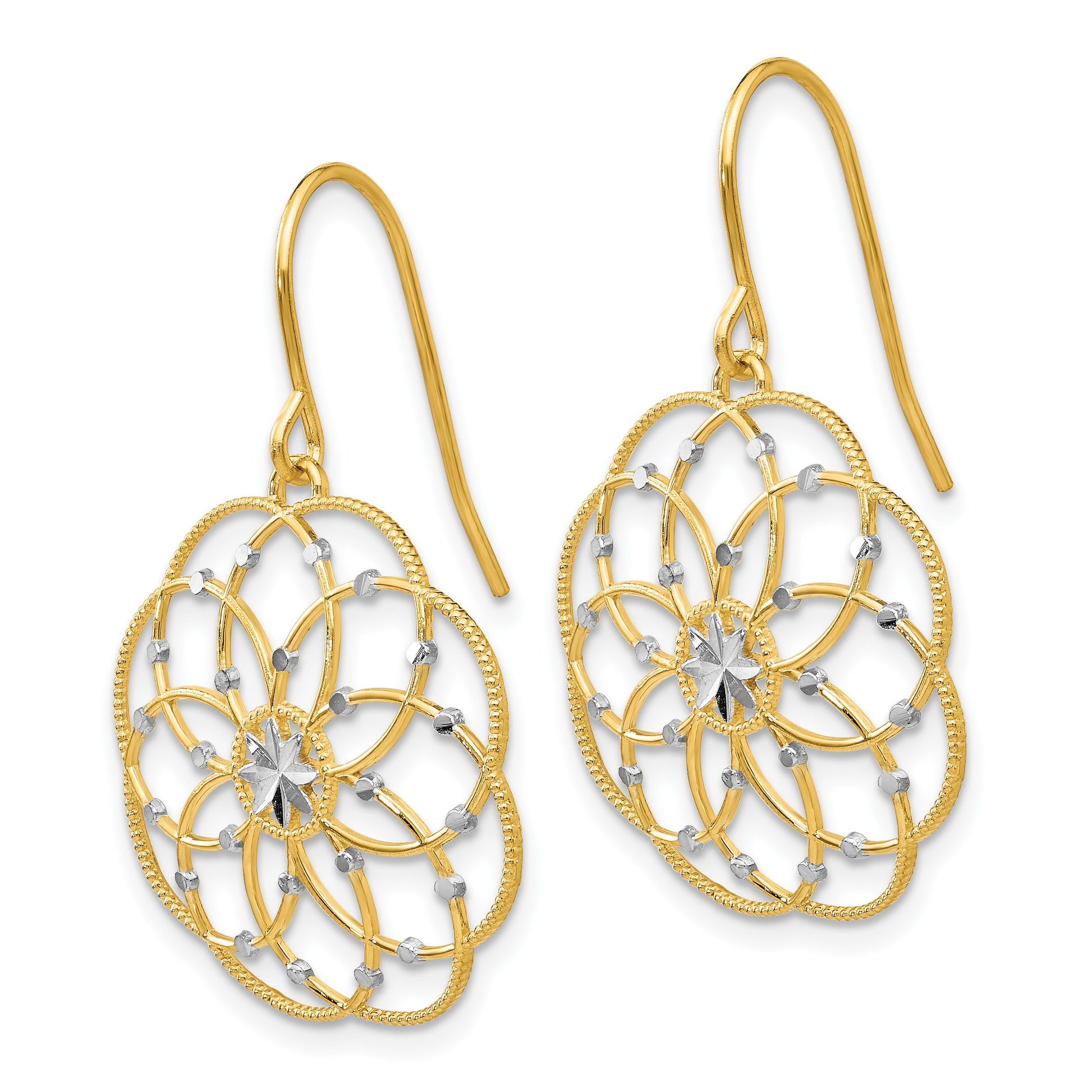 14k and White Rhodium Diamond-cut Floral Dangle French Hook Earrings