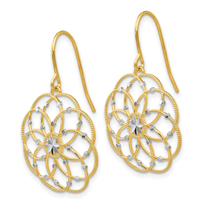 14k and White Rhodium Diamond-cut Floral Dangle French Hook Earrings