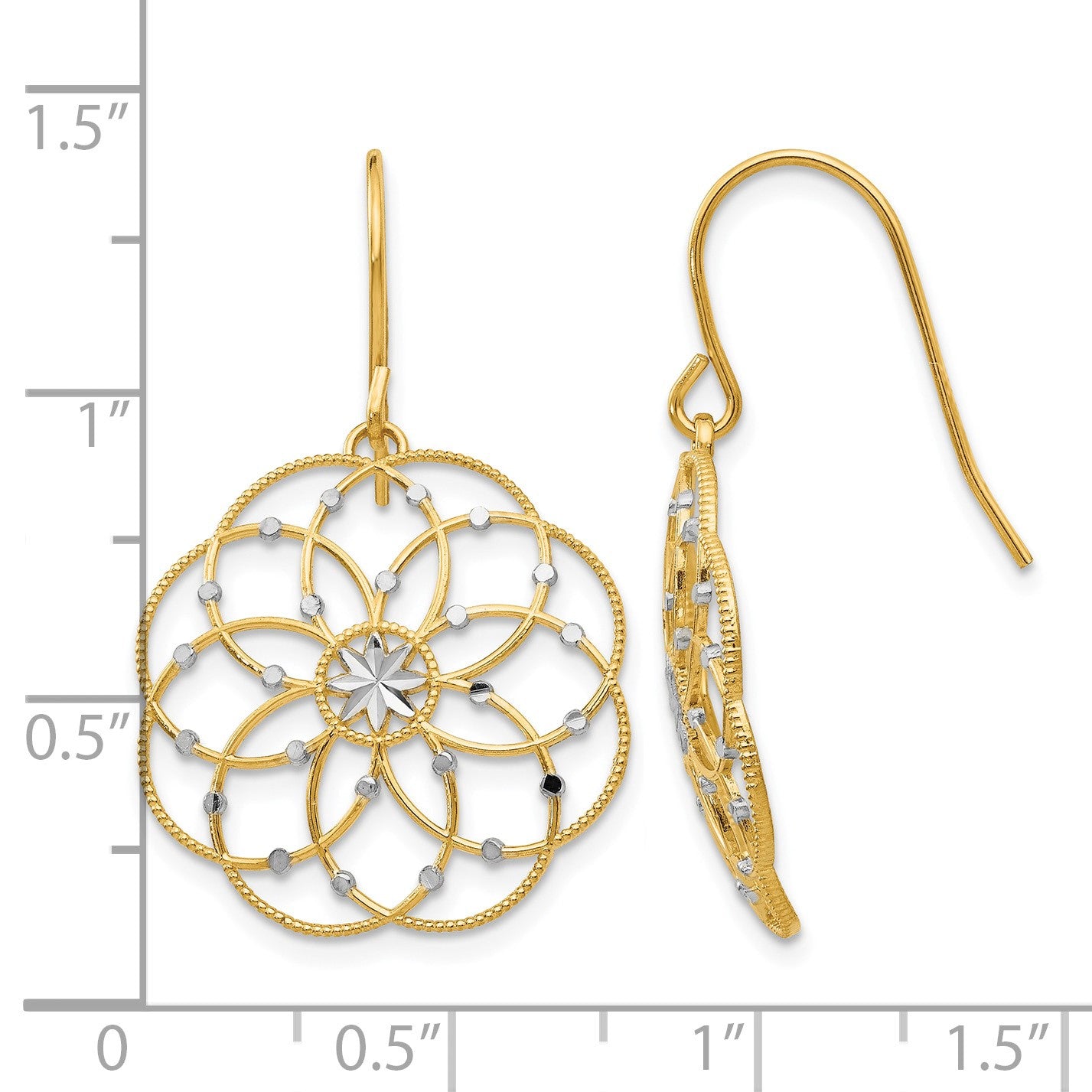 14k and White Rhodium Diamond-cut Floral Dangle French Hook Earrings
