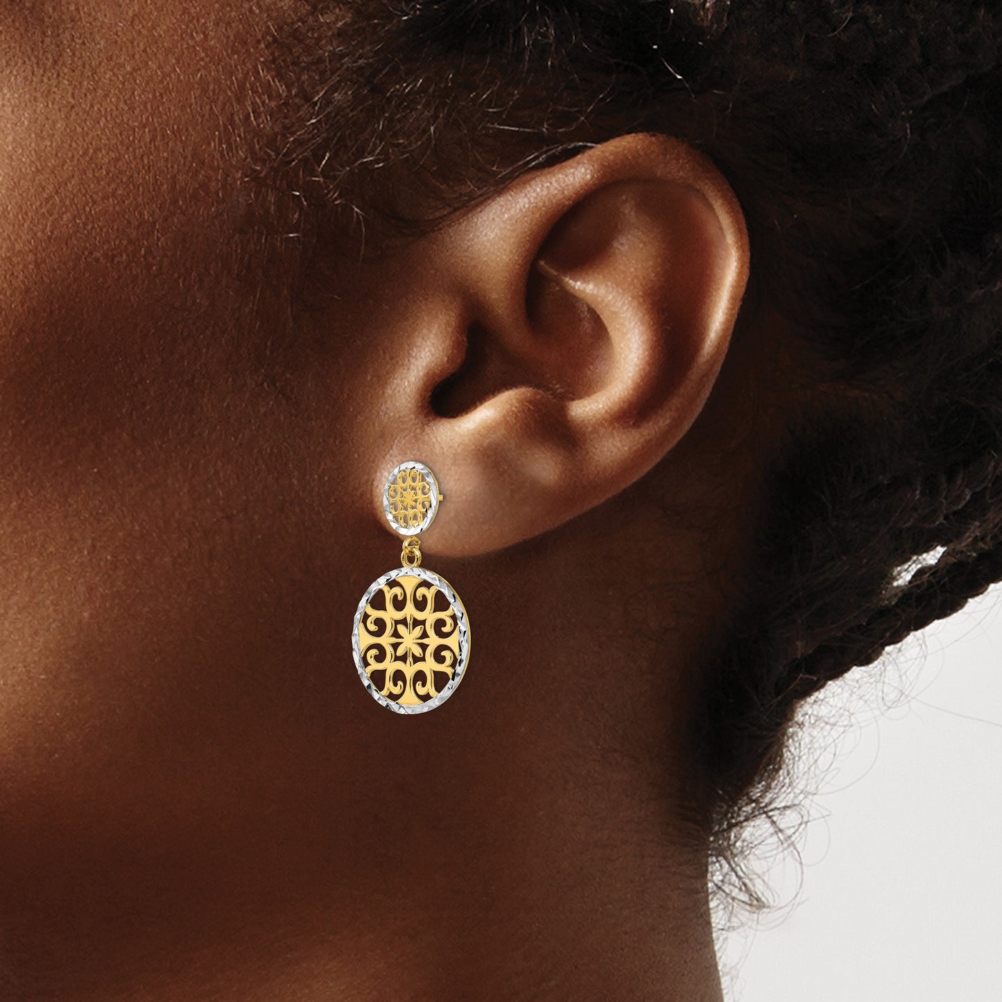 14k and White Rhodium Diamond-cut Filigree Circles Dangle Post Earrings