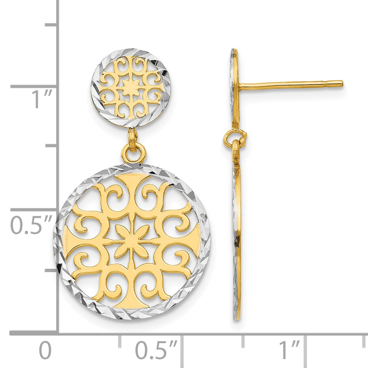 14k and White Rhodium Diamond-cut Filigree Circles Dangle Post Earrings