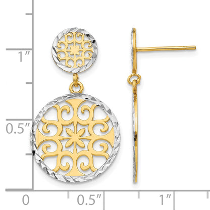 14k and White Rhodium Diamond-cut Filigree Circles Dangle Post Earrings