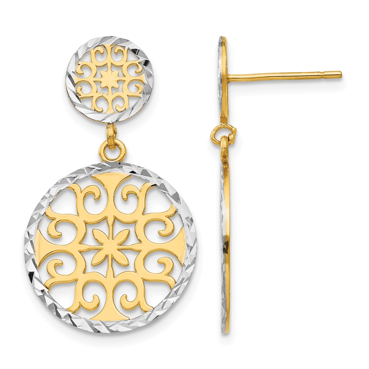 14k and White Rhodium Diamond-cut Filigree Circles Dangle Post Earrings