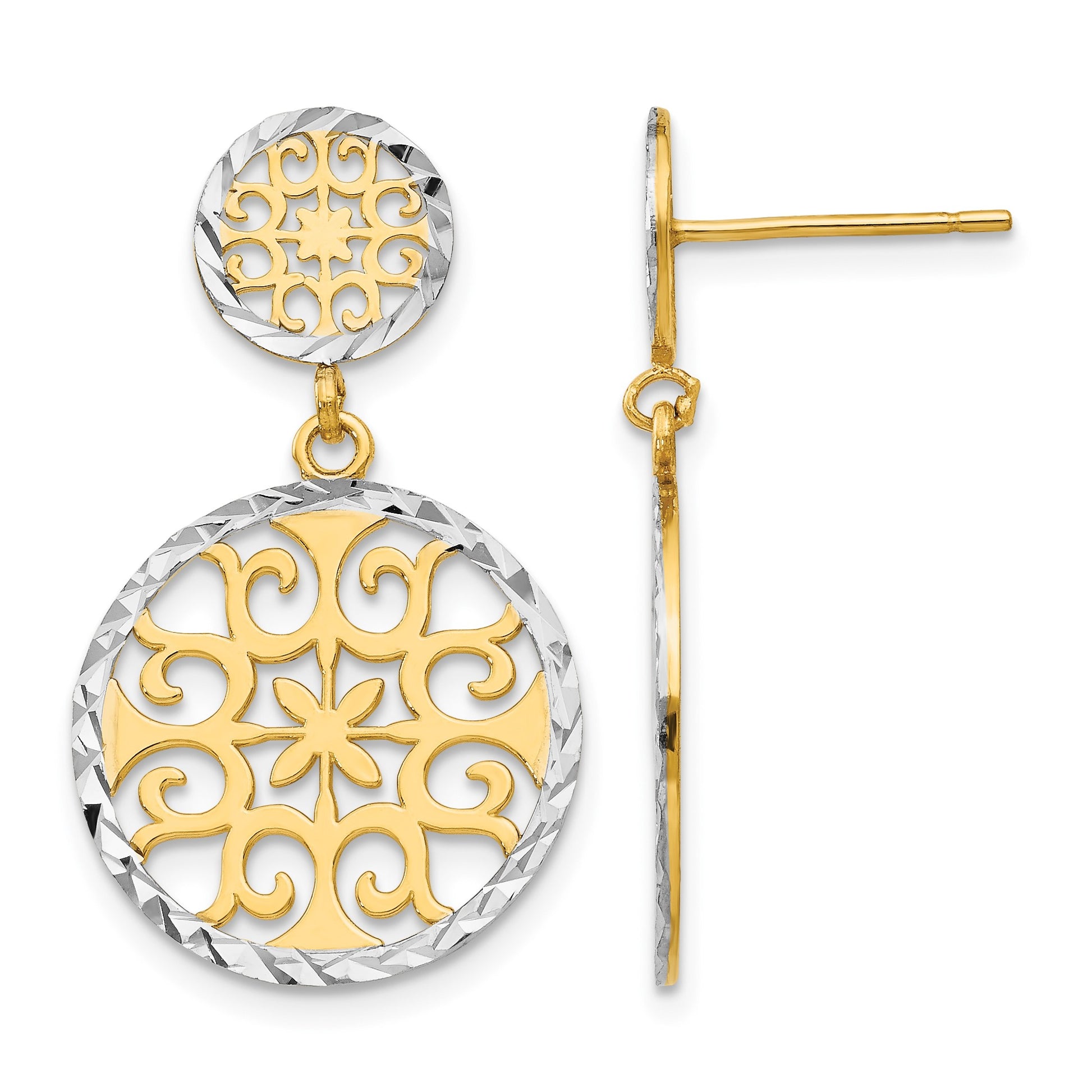 14k and White Rhodium Diamond-cut Filigree Circles Dangle Post Earrings