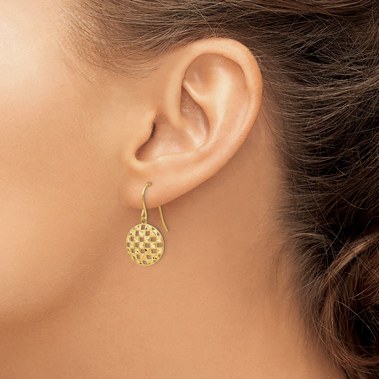 14k Circle Diamond-cut Checkerboard Dangle French Hook Earrings