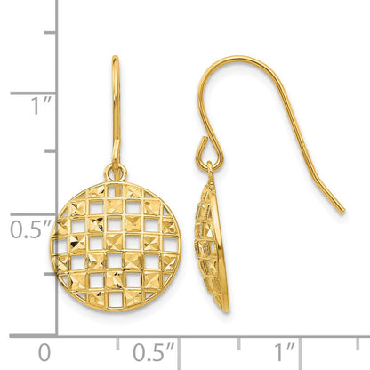 14k Circle Diamond-cut Checkerboard Dangle French Hook Earrings