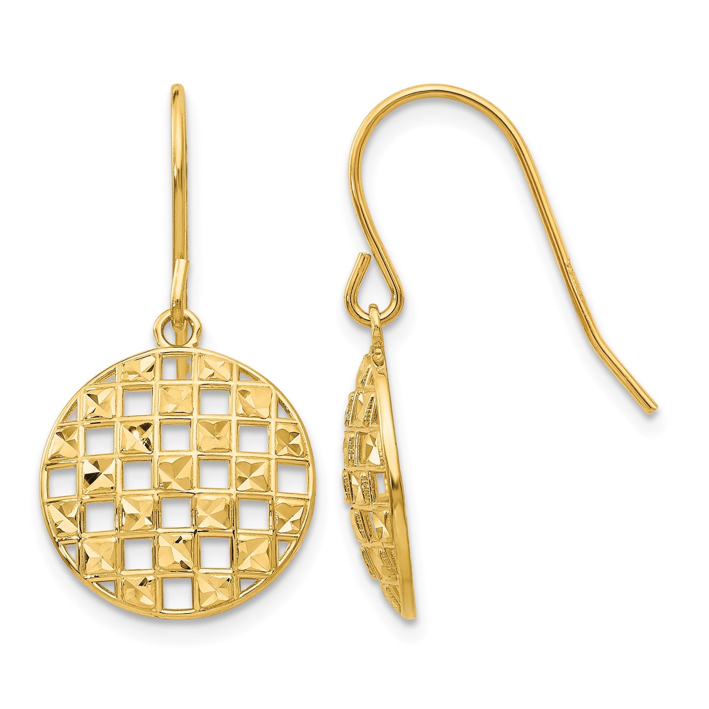 14k Circle Diamond-cut Checkerboard Dangle French Hook Earrings