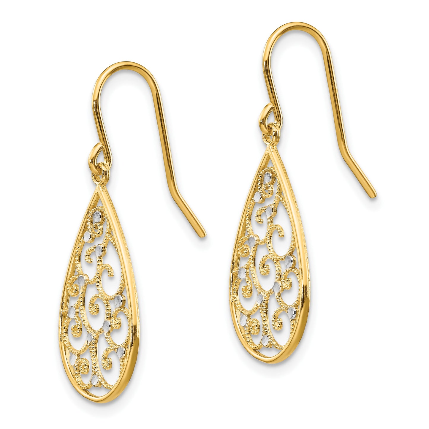 14k and White Rhodium Polished Swirl Teardrop Dangle French Hook Earrings