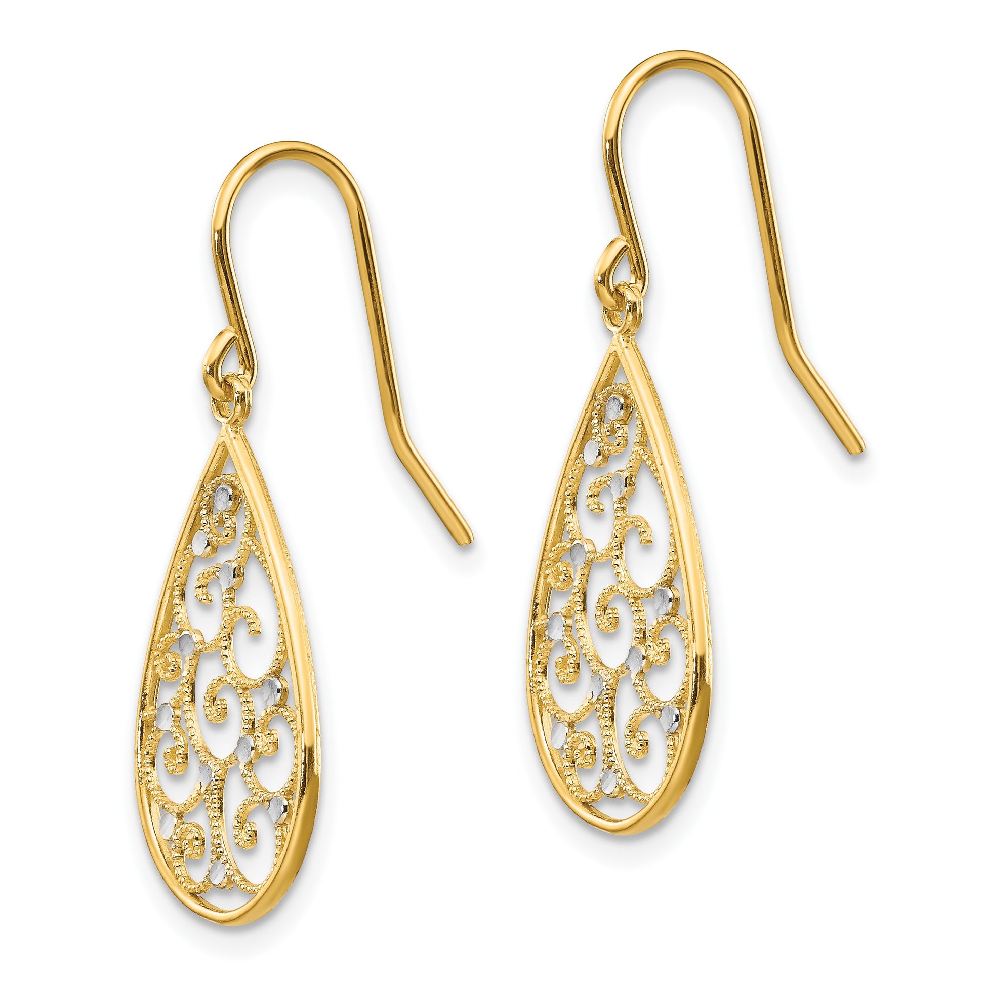 14k and White Rhodium Polished Swirl Teardrop Dangle French Hook Earrings