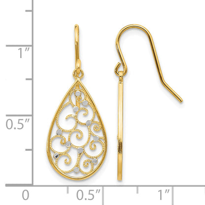14k and White Rhodium Polished Swirl Teardrop Dangle French Hook Earrings