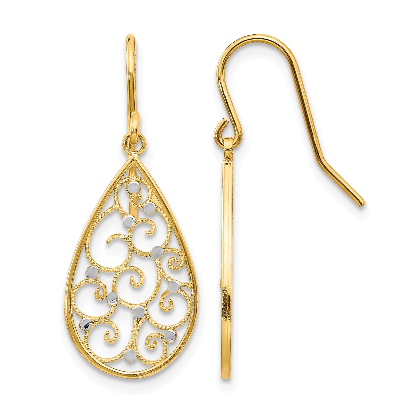 14k and White Rhodium Polished Swirl Teardrop Dangle French Hook Earrings