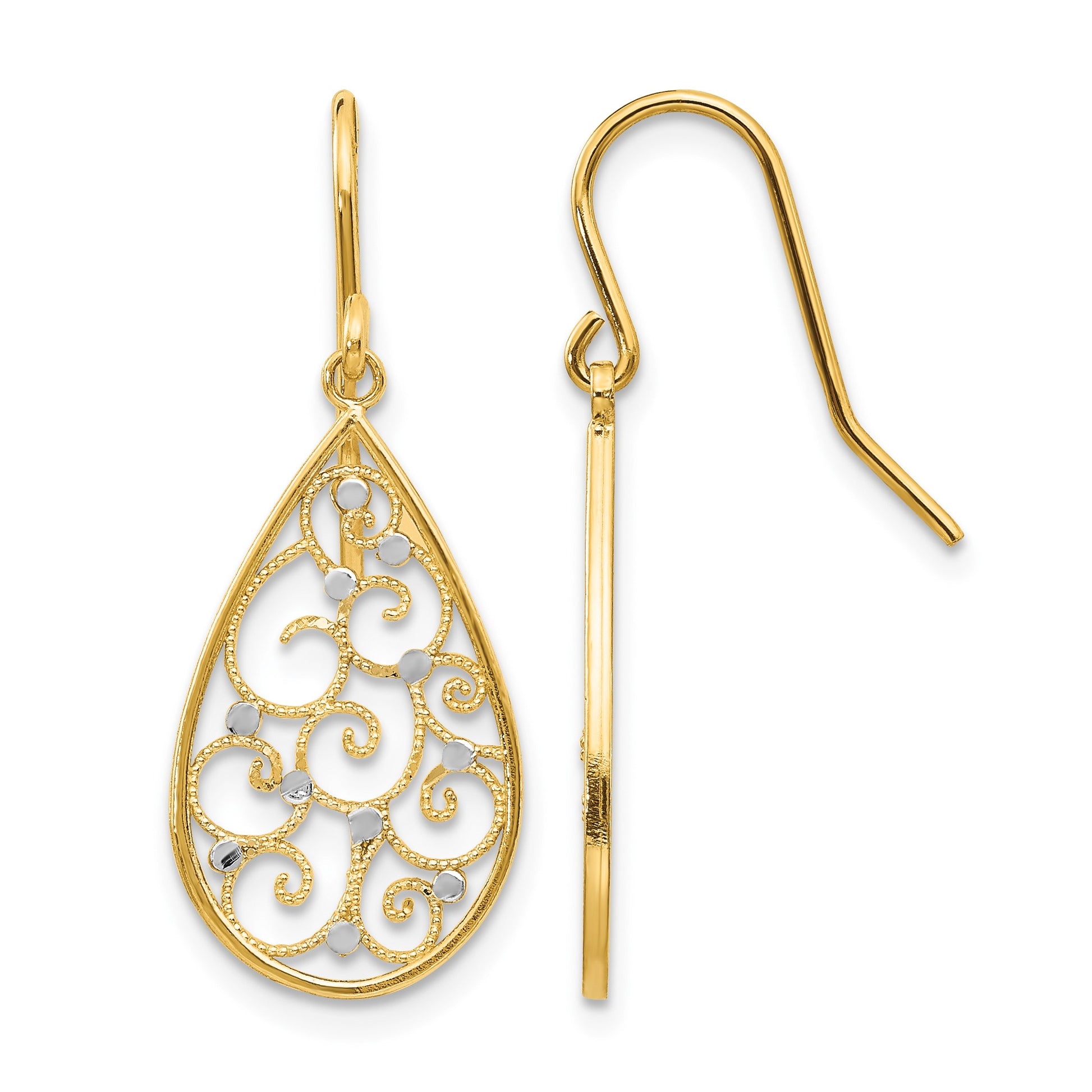 14k and White Rhodium Polished Swirl Teardrop Dangle French Hook Earrings