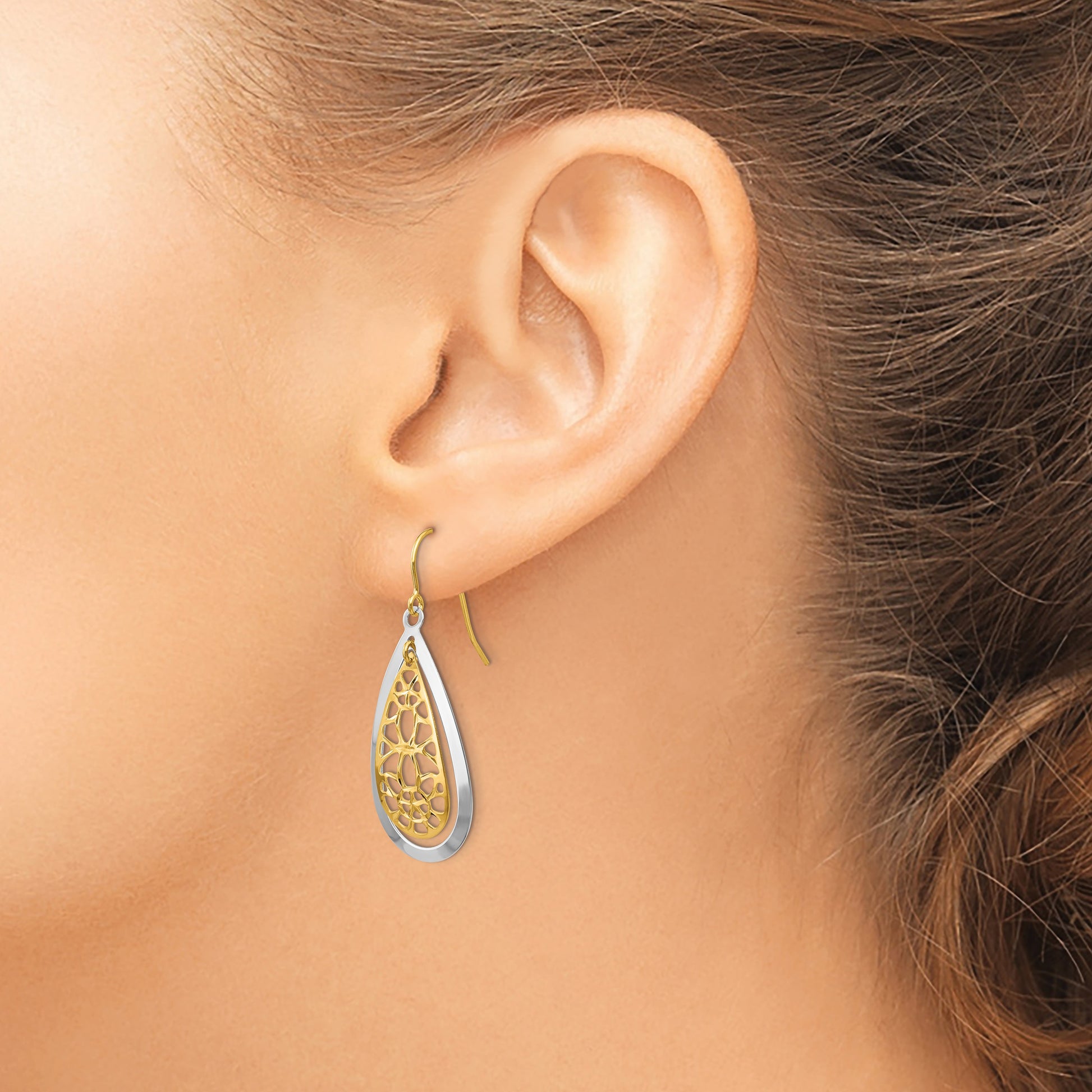 14k Two-tone Diamond-cut Polished Floral Teardrop Dangle French Hook Earrings