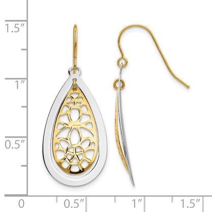 14k Two-tone Diamond-cut Polished Floral Teardrop Dangle French Hook Earrings