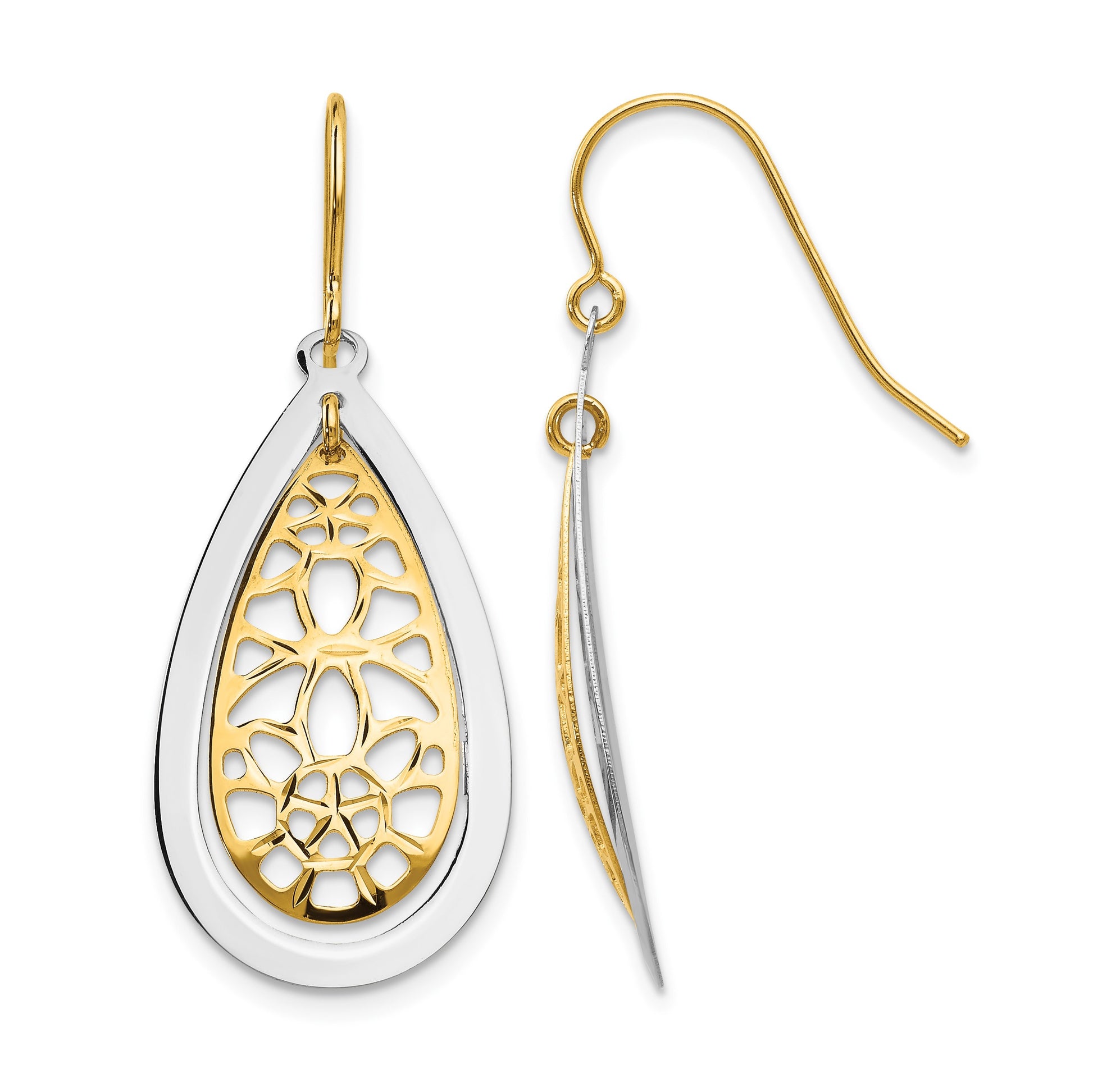 14k Two-tone Diamond-cut Polished Floral Teardrop Dangle French Hook Earrings