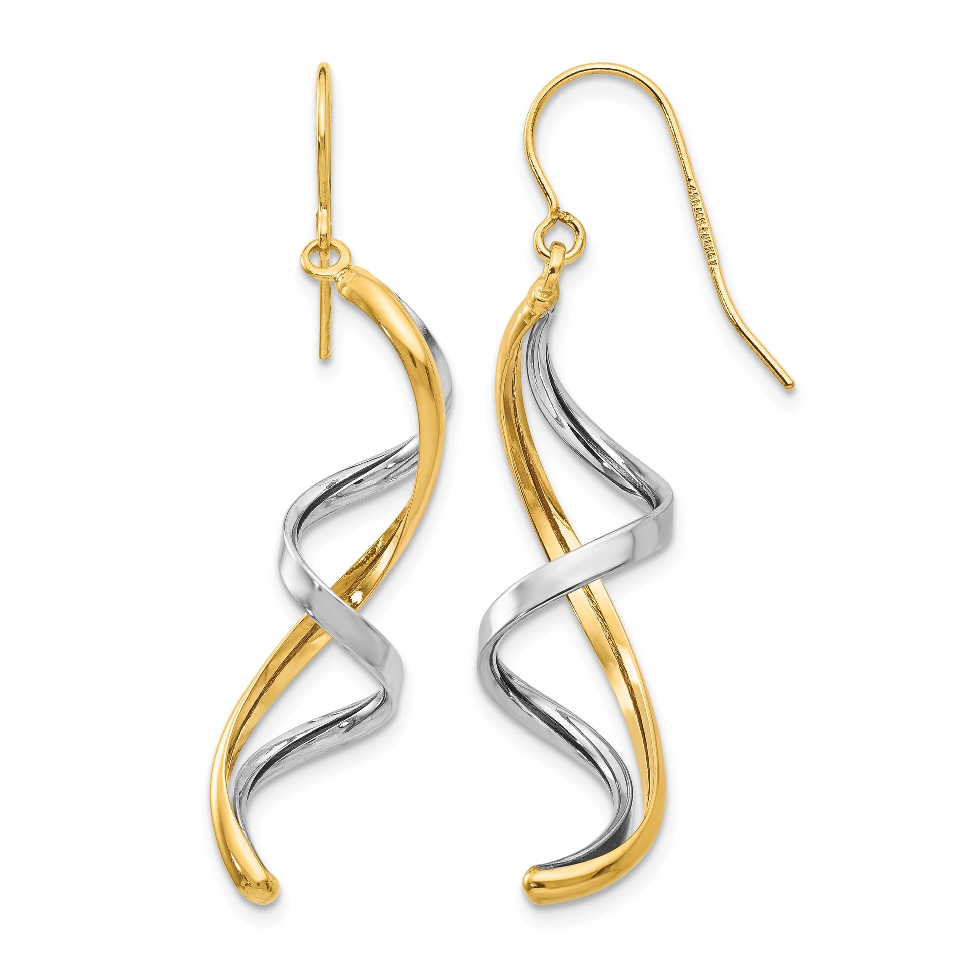 14k Two-tone Polished Fancy Spiral Dangle French Hook Earrings