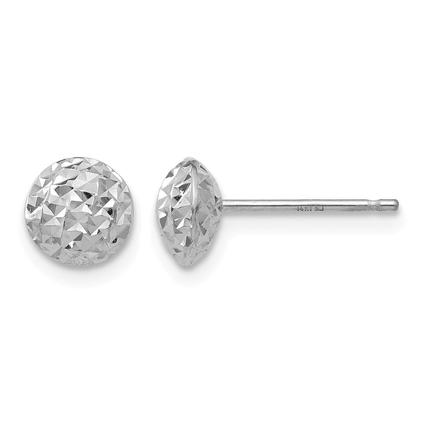 14K White Gold 6mm Polished Diamond-cut Puffed Round Button Post Earrings