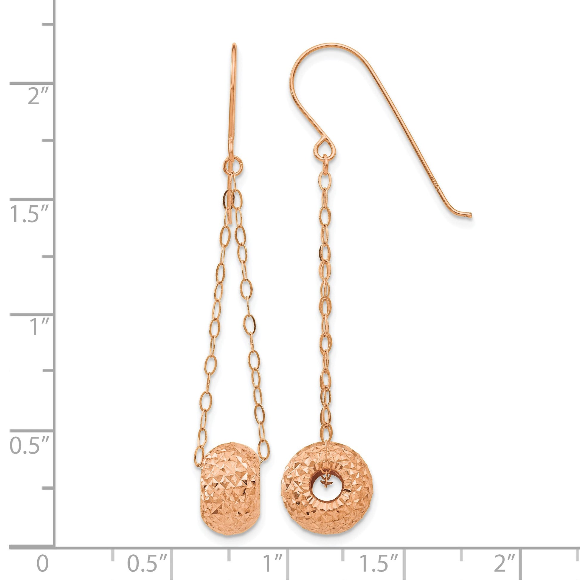 14K Rose Gold Chain with Diamond-cut 8mm Puffed Donut Bead Dangle French Hook Earrings