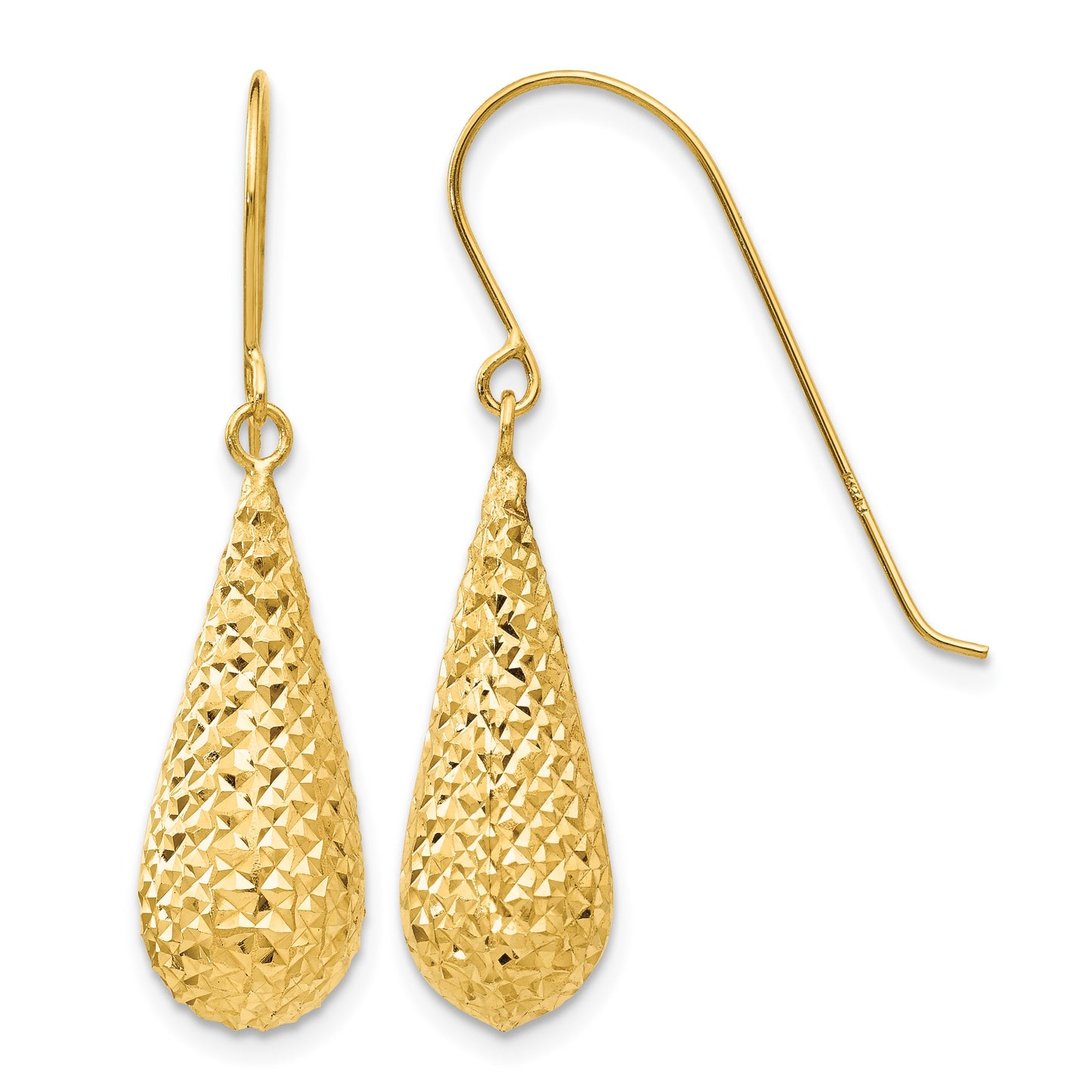 14K Diamond-cut Puffed Teardrop Dangle French Hook Earrings
