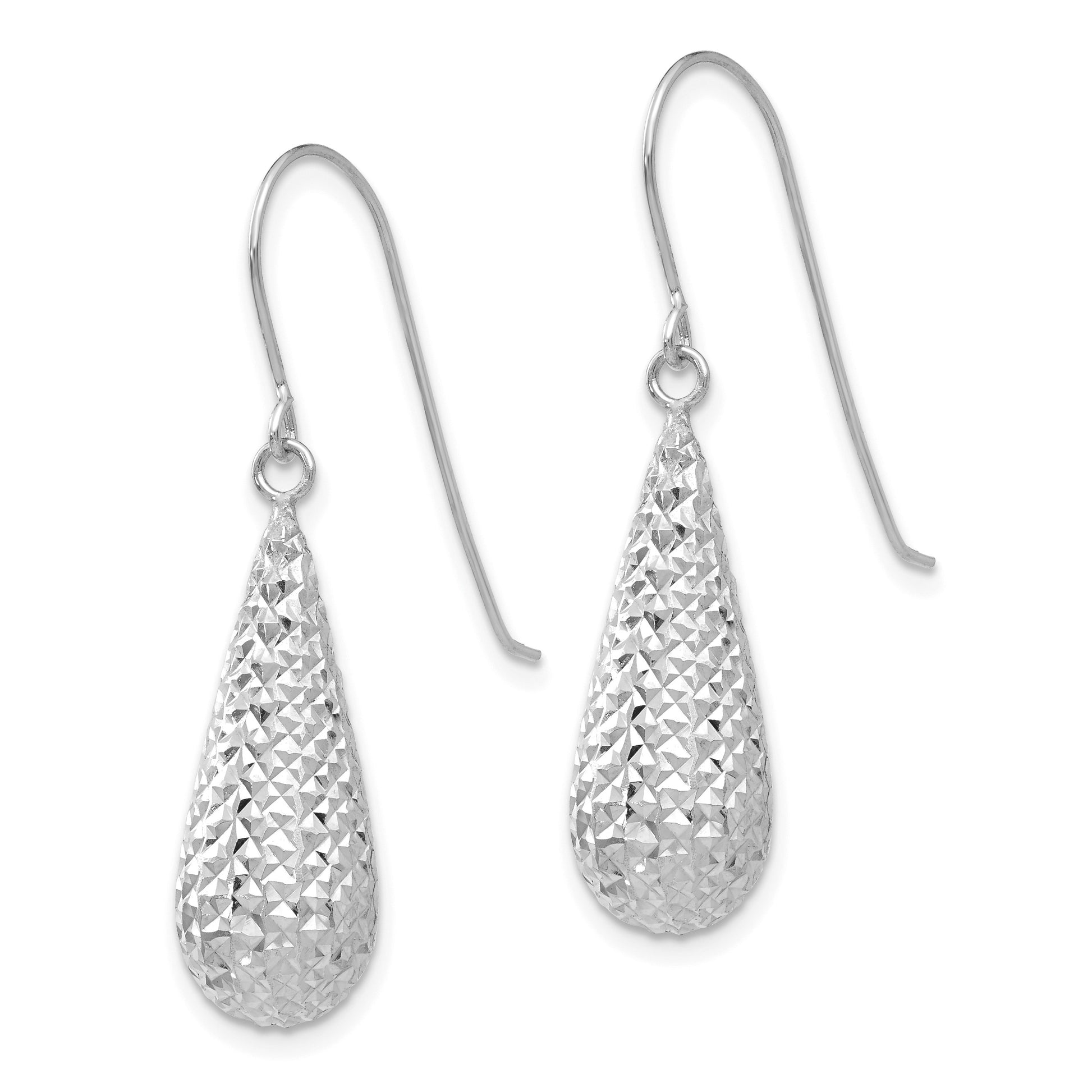 14K White Gold Diamond-cut Puffed Teardrop Dangle French Hook Earrings
