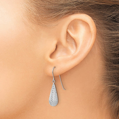14K White Gold Diamond-cut Puffed Teardrop Dangle French Hook Earrings