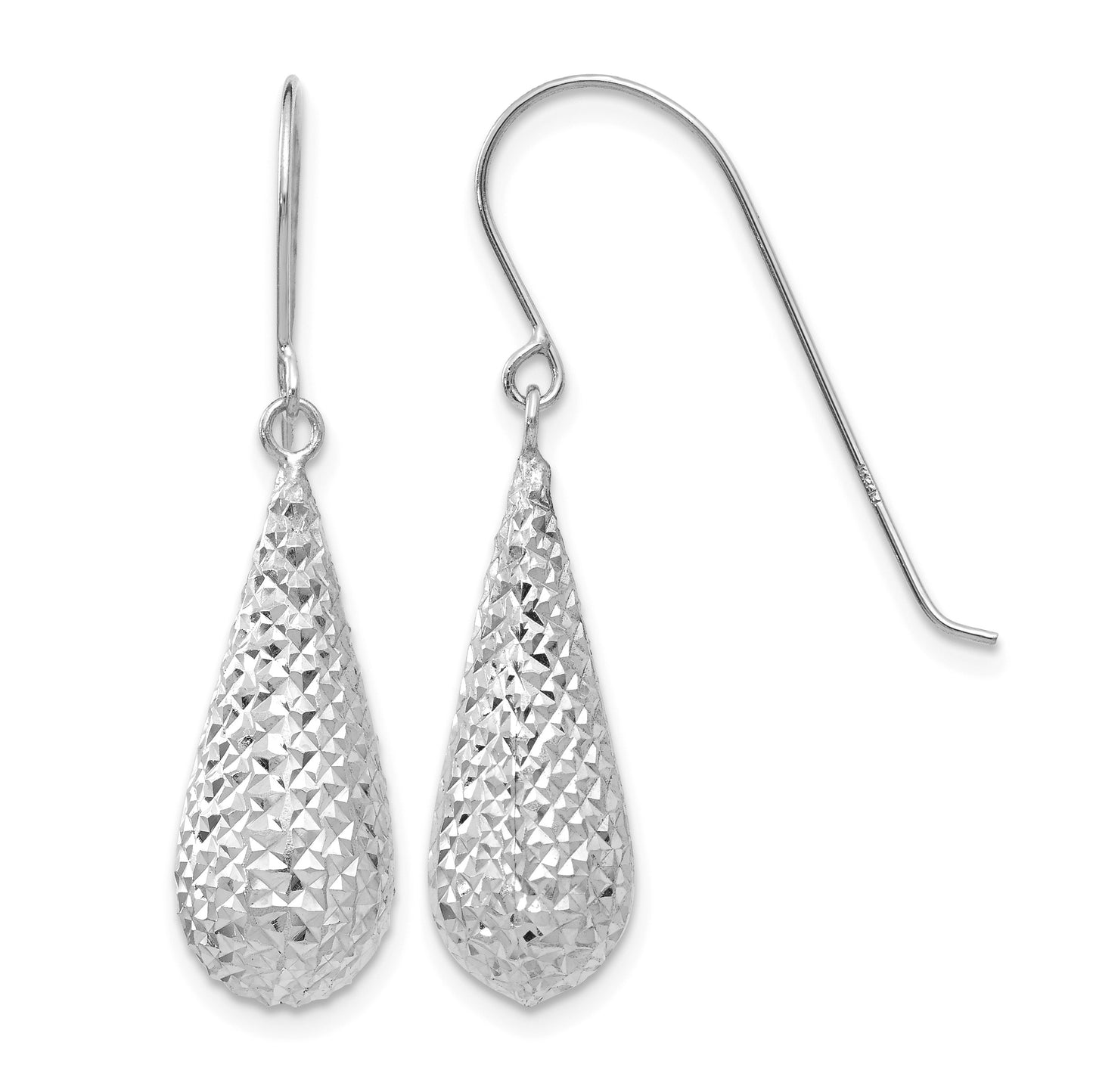 14K White Gold Diamond-cut Puffed Teardrop Dangle French Hook Earrings