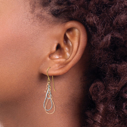 14K Tri-color Diamond-cut Teardrops Dangle French Hook Earrings