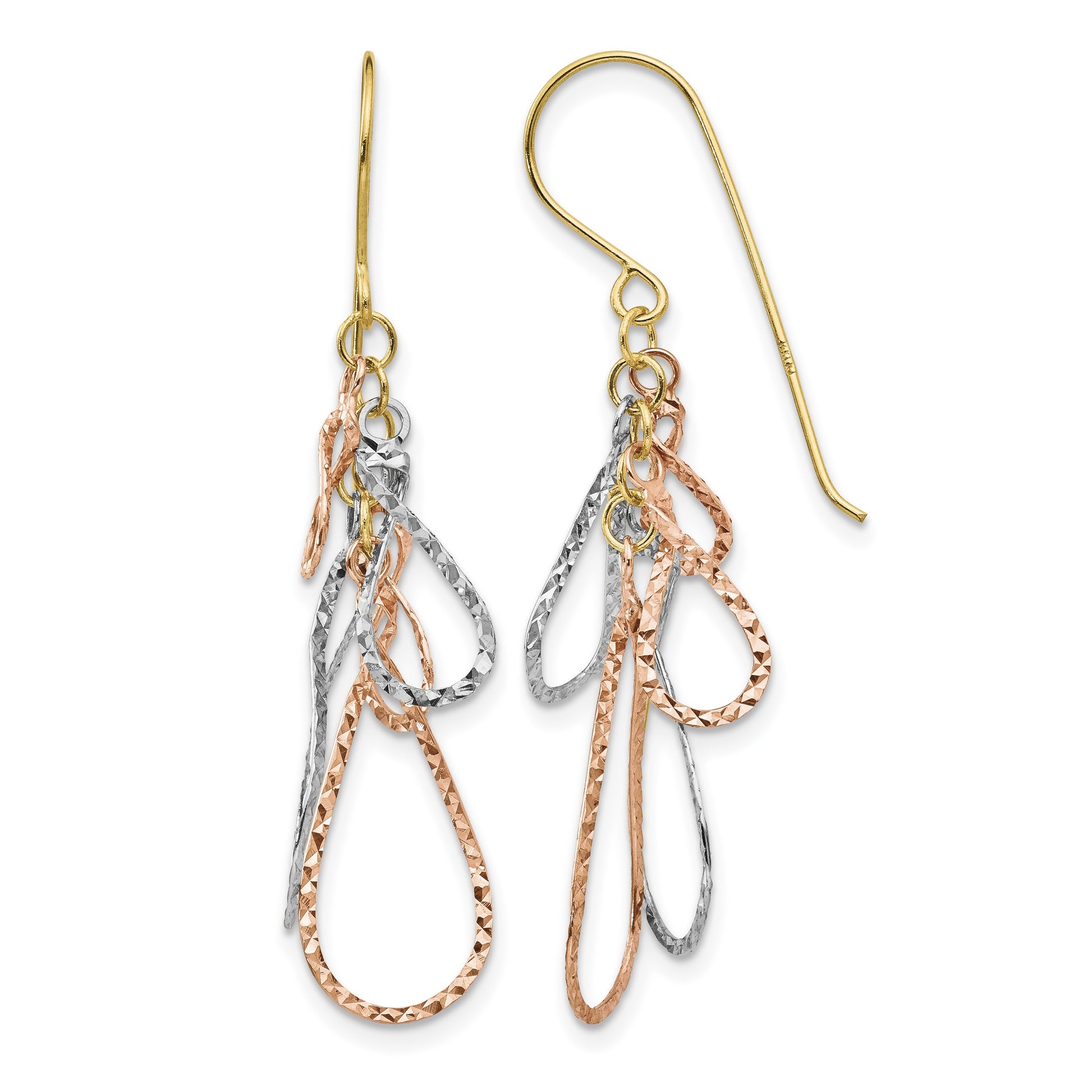 14K Tri-color Diamond-cut Teardrops Dangle French Hook Earrings