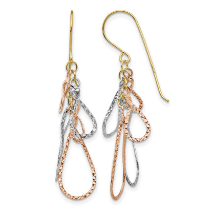 14K Tri-color Diamond-cut Teardrops Dangle French Hook Earrings