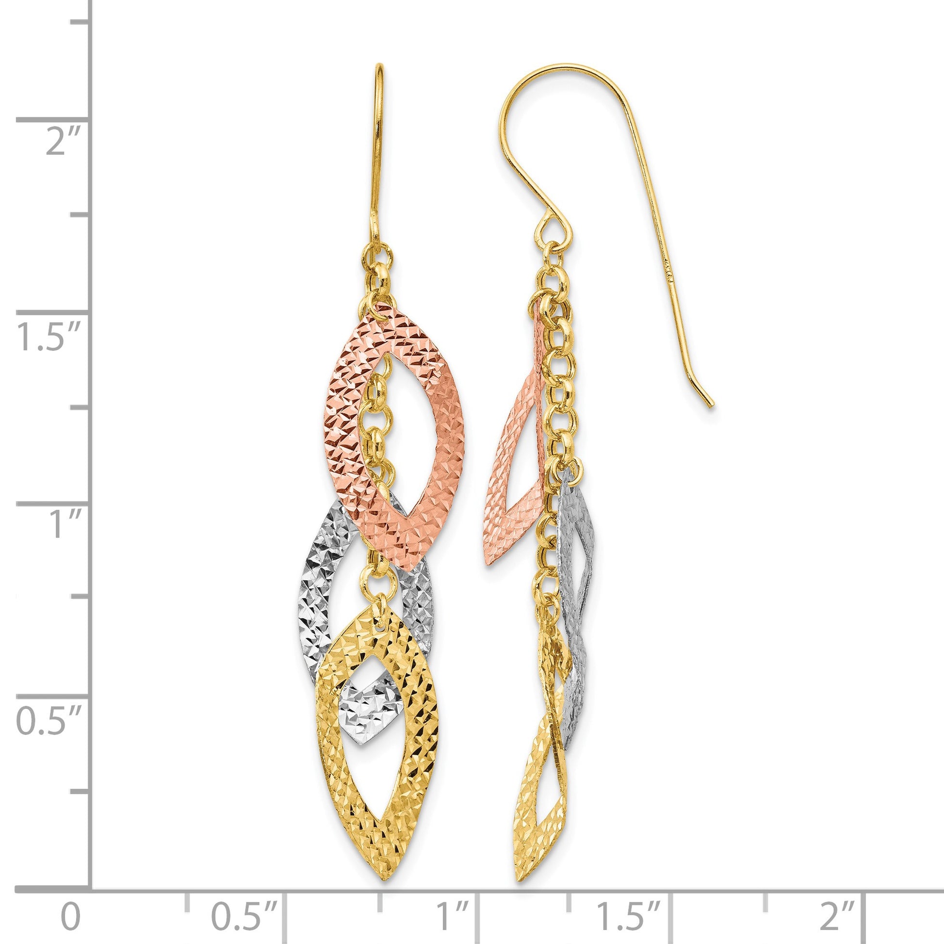 14K Tri-color Diamond-cut Leaves Dangle French Hook Earrings