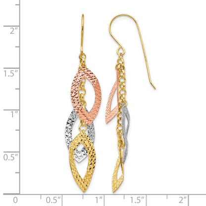 14K Tri-color Diamond-cut Leaves Dangle French Hook Earrings