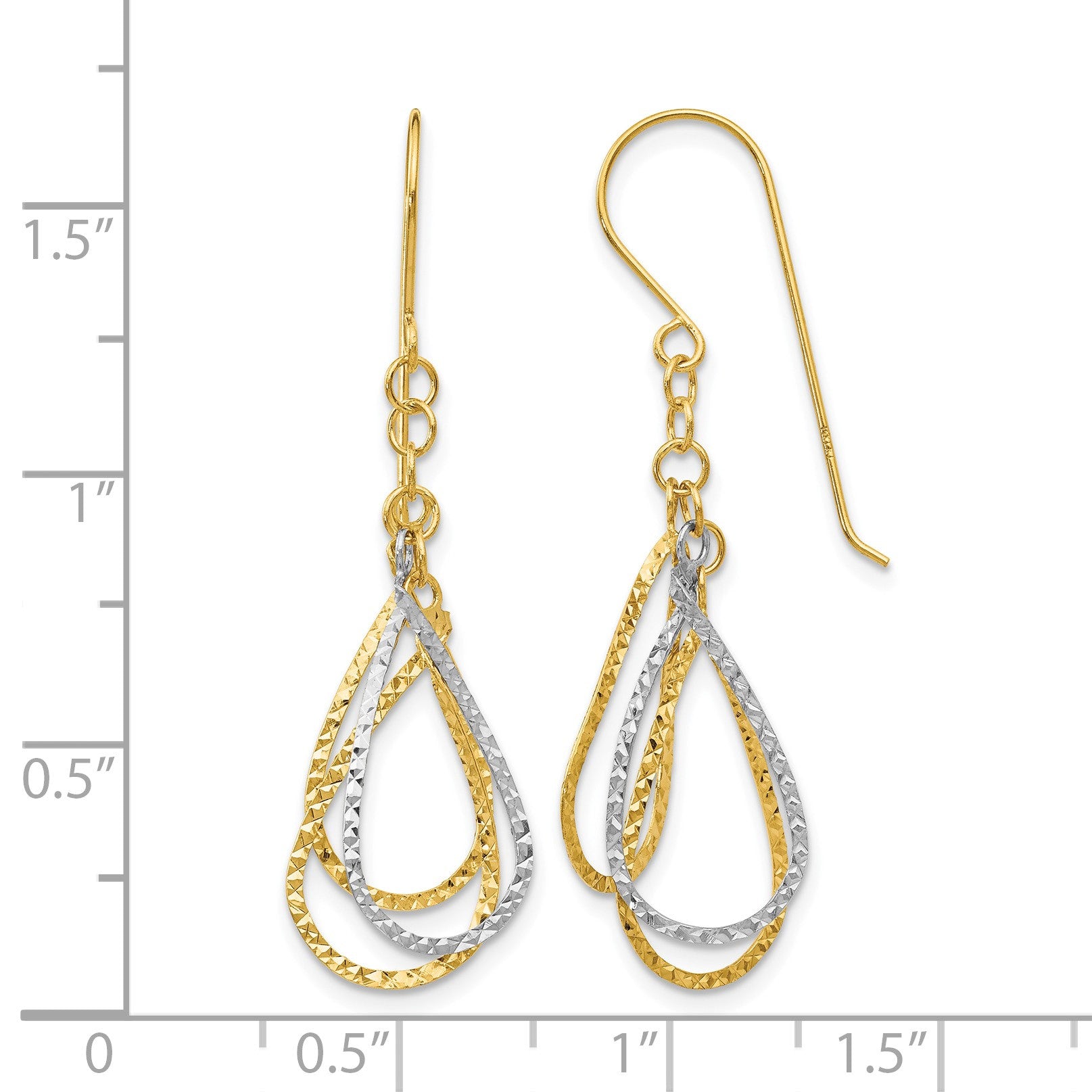 14K Two-tone Diamond-cut Teardrops Dangle French Hook Earrings