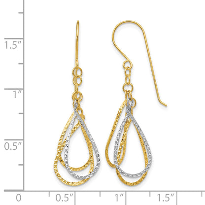 14K Two-tone Diamond-cut Teardrops Dangle French Hook Earrings