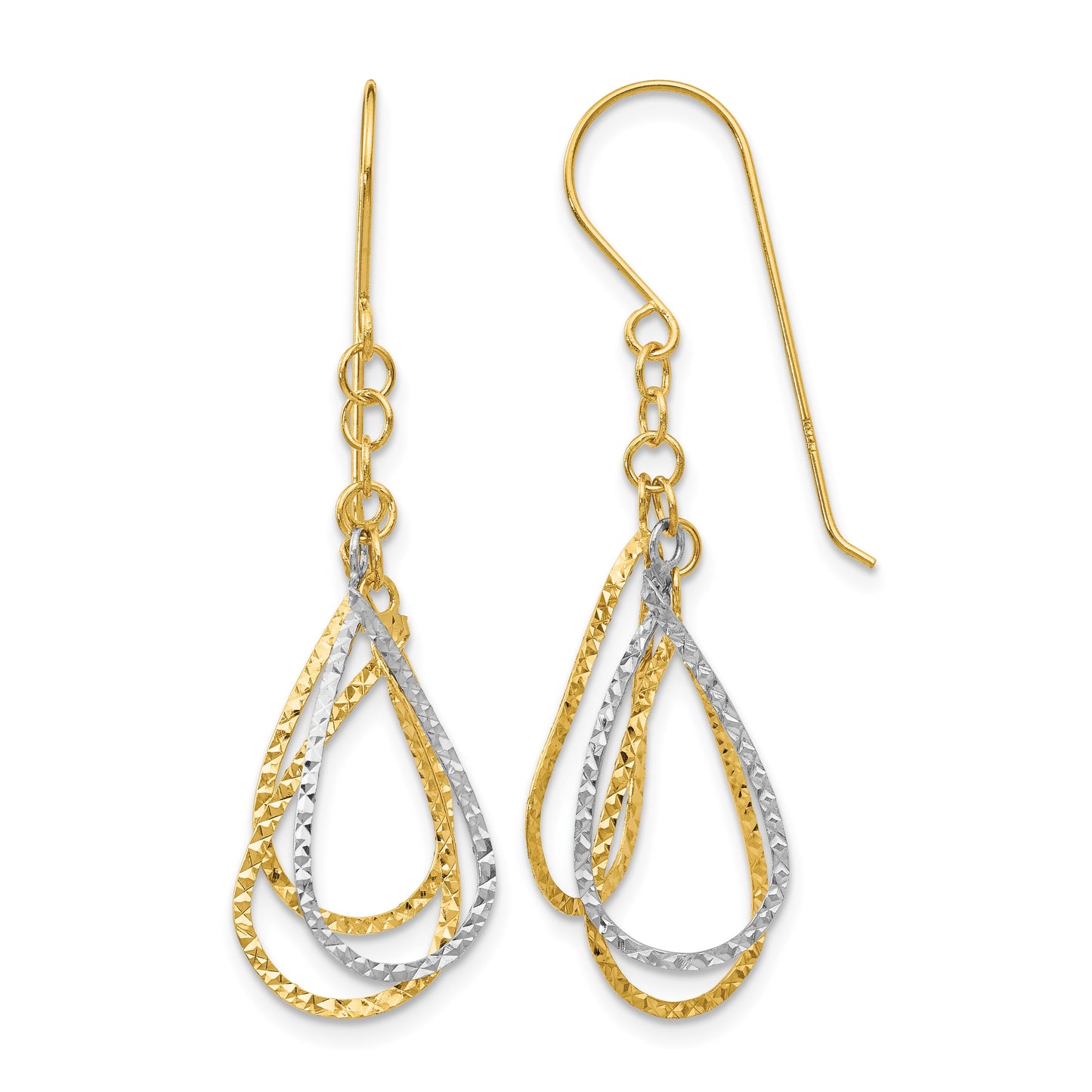 14K Two-tone Diamond-cut Teardrops Dangle French Hook Earrings