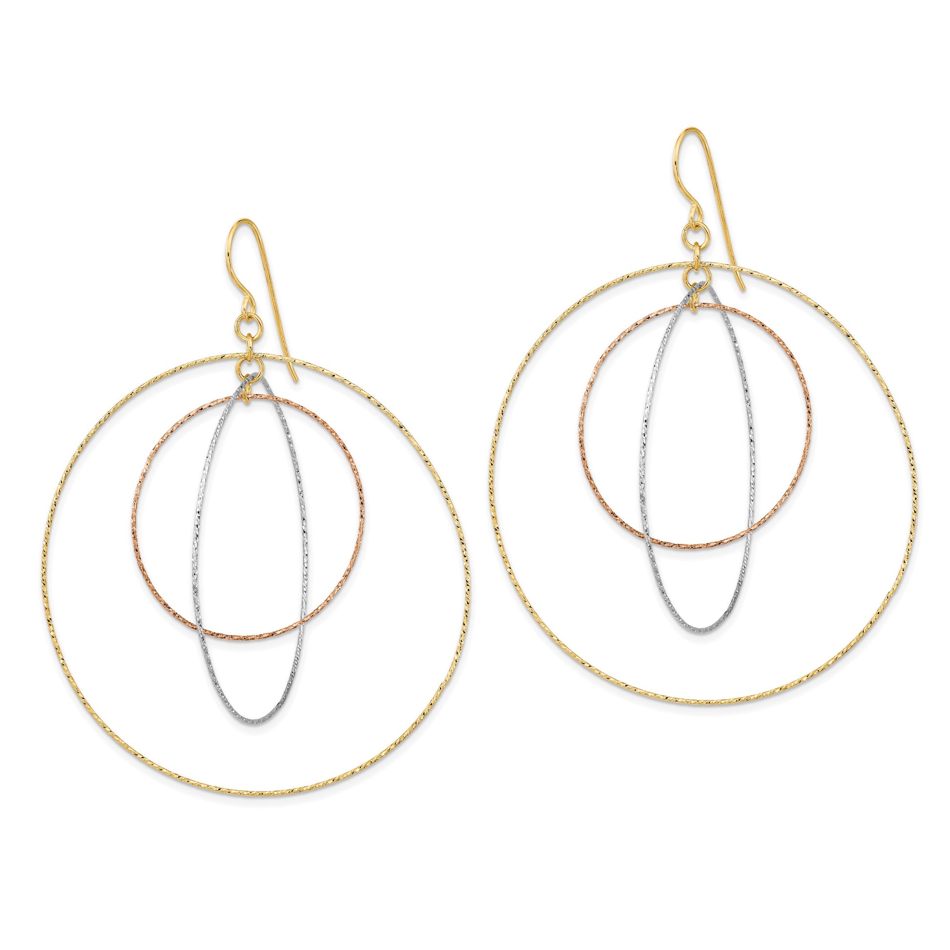 14k Tri-color Diamond-cut Graduated Circles Dangle French Hook Earrings