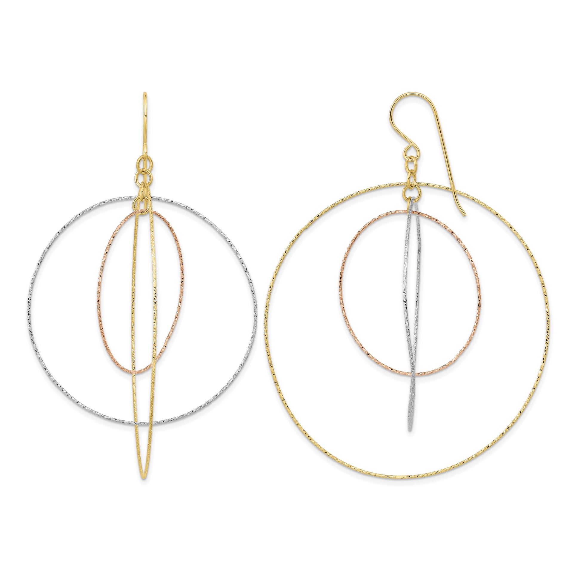 14k Tri-color Diamond-cut Graduated Circles Dangle French Hook Earrings
