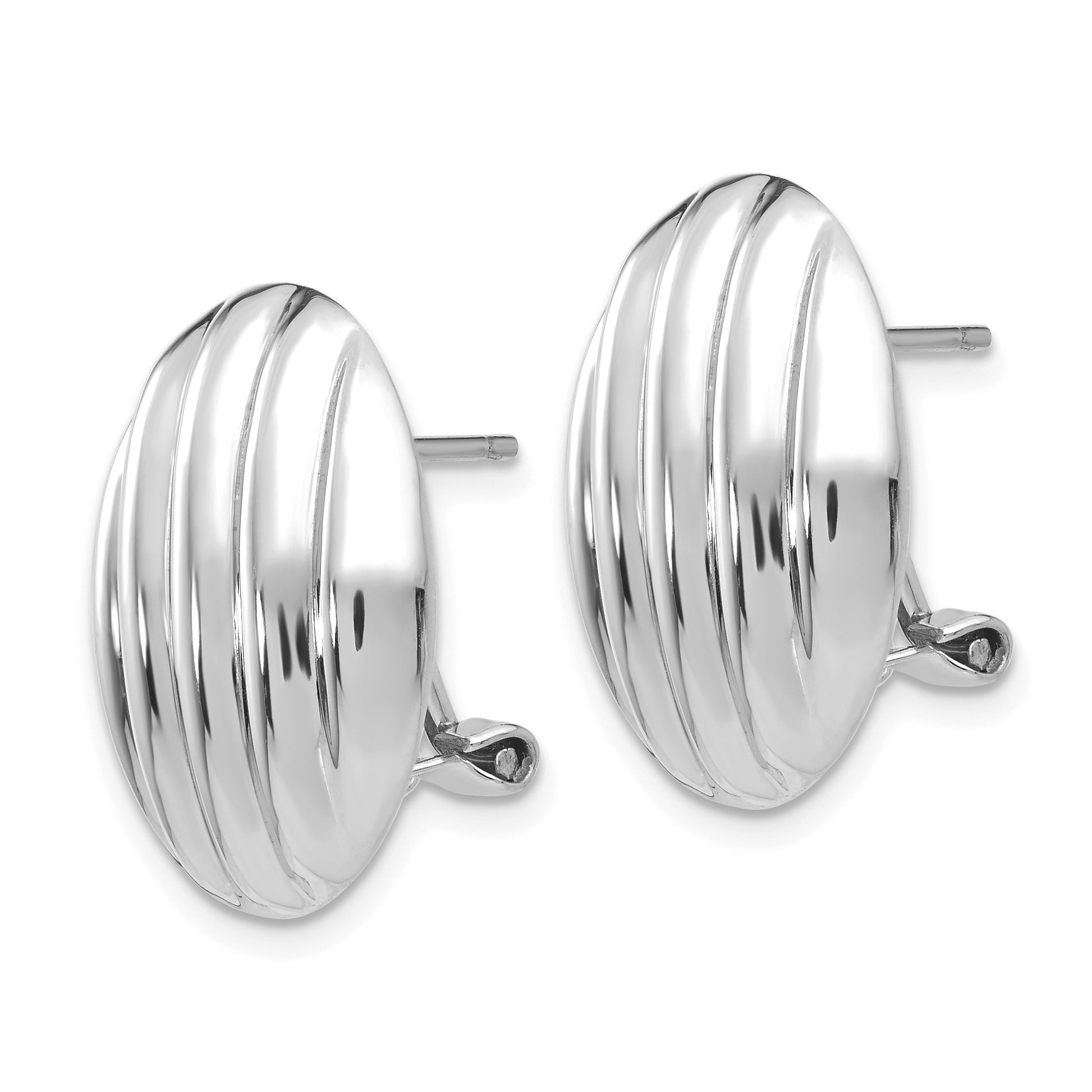 14k White Gold 14x19mm Oval Polished Fancy Ribbed Omega Back Post Earrings