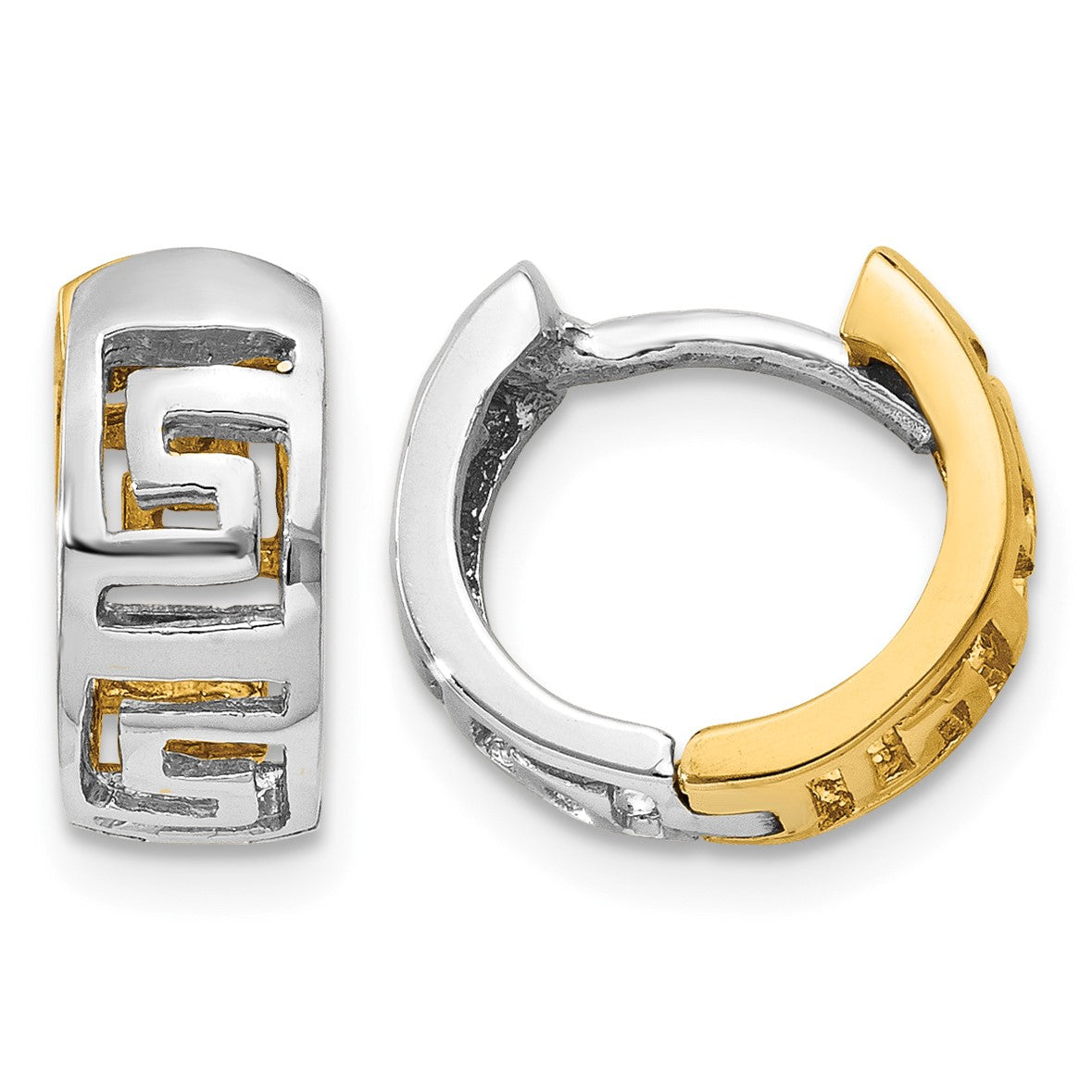 14k Two-tone Greek Key Hinged Hoop Earrings