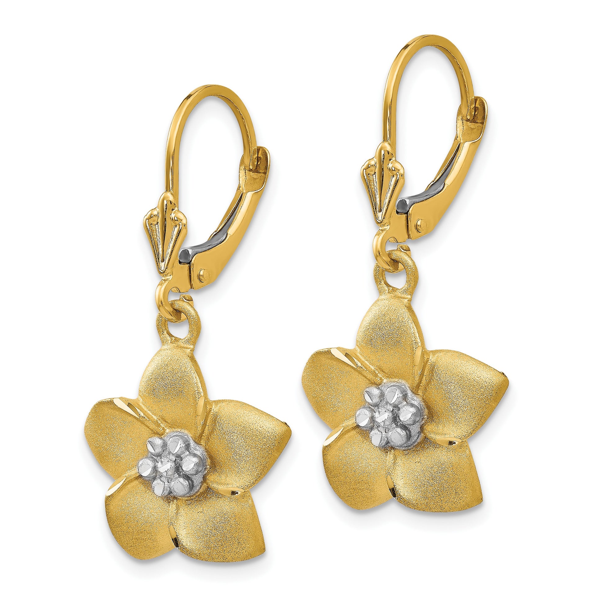 14K and White Rhodium Satin Diamond-cut Large Plumeria Dangle Leverback Earrings