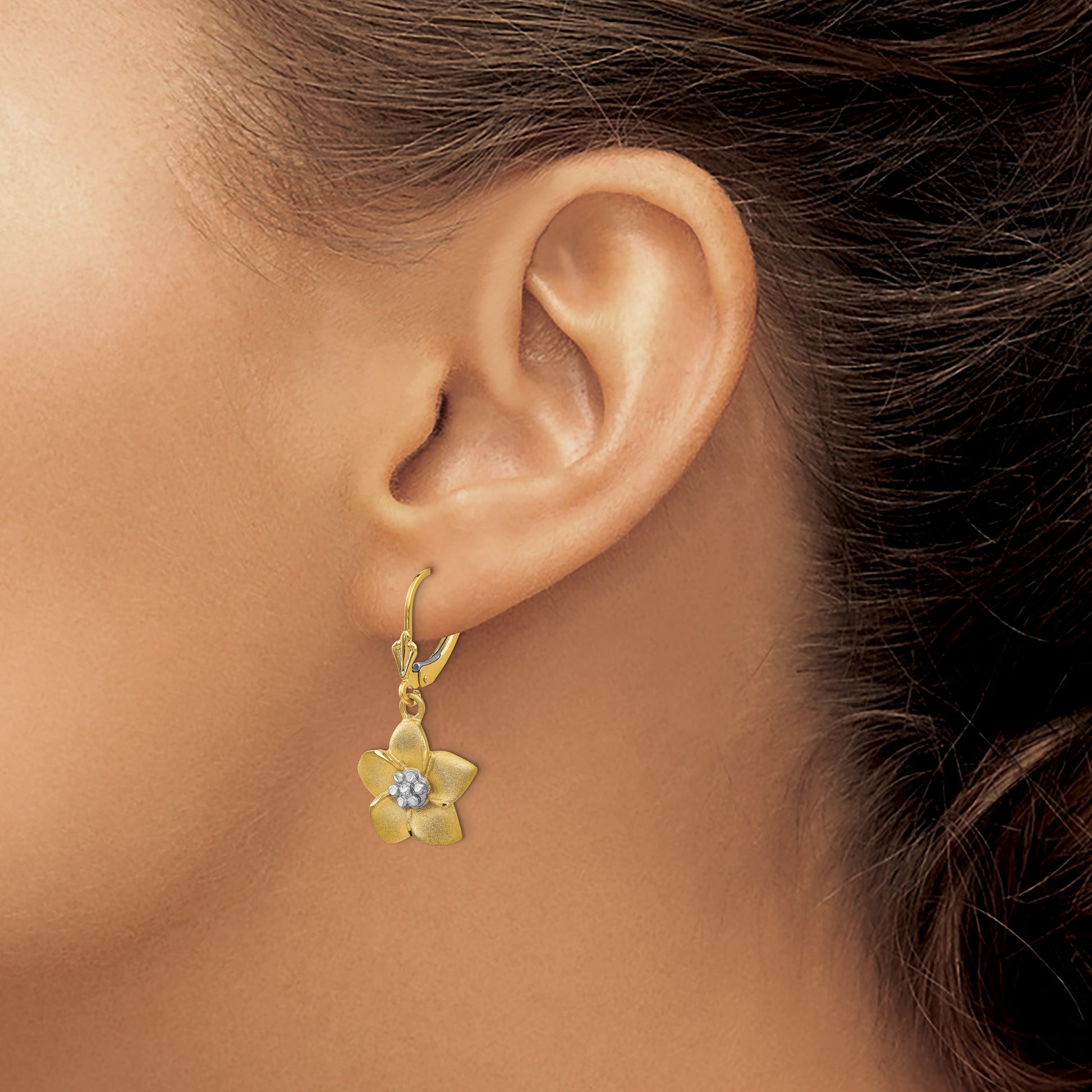 14K and White Rhodium Satin Diamond-cut Large Plumeria Dangle Leverback Earrings