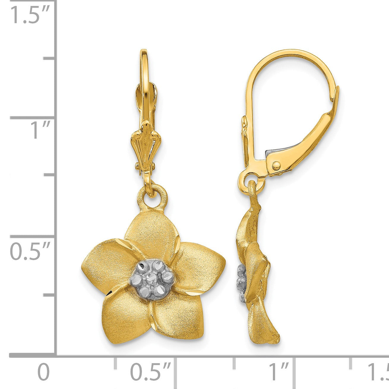 14K and White Rhodium Satin Diamond-cut Large Plumeria Dangle Leverback Earrings