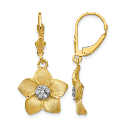 14K and White Rhodium Satin Diamond-cut Large Plumeria Dangle Leverback Earrings