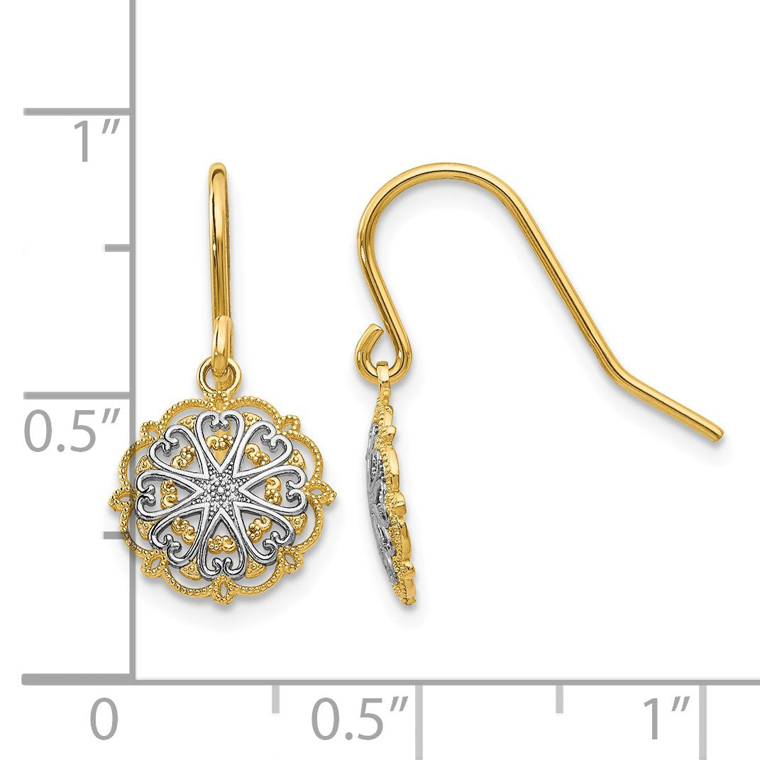 14k and White Rhodium Polished and Textured Medallion Dangle French Hook Earrings