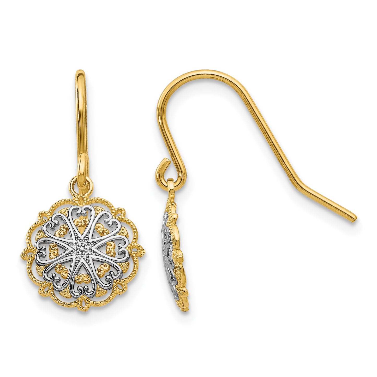 14k and White Rhodium Polished and Textured Medallion Dangle French Hook Earrings