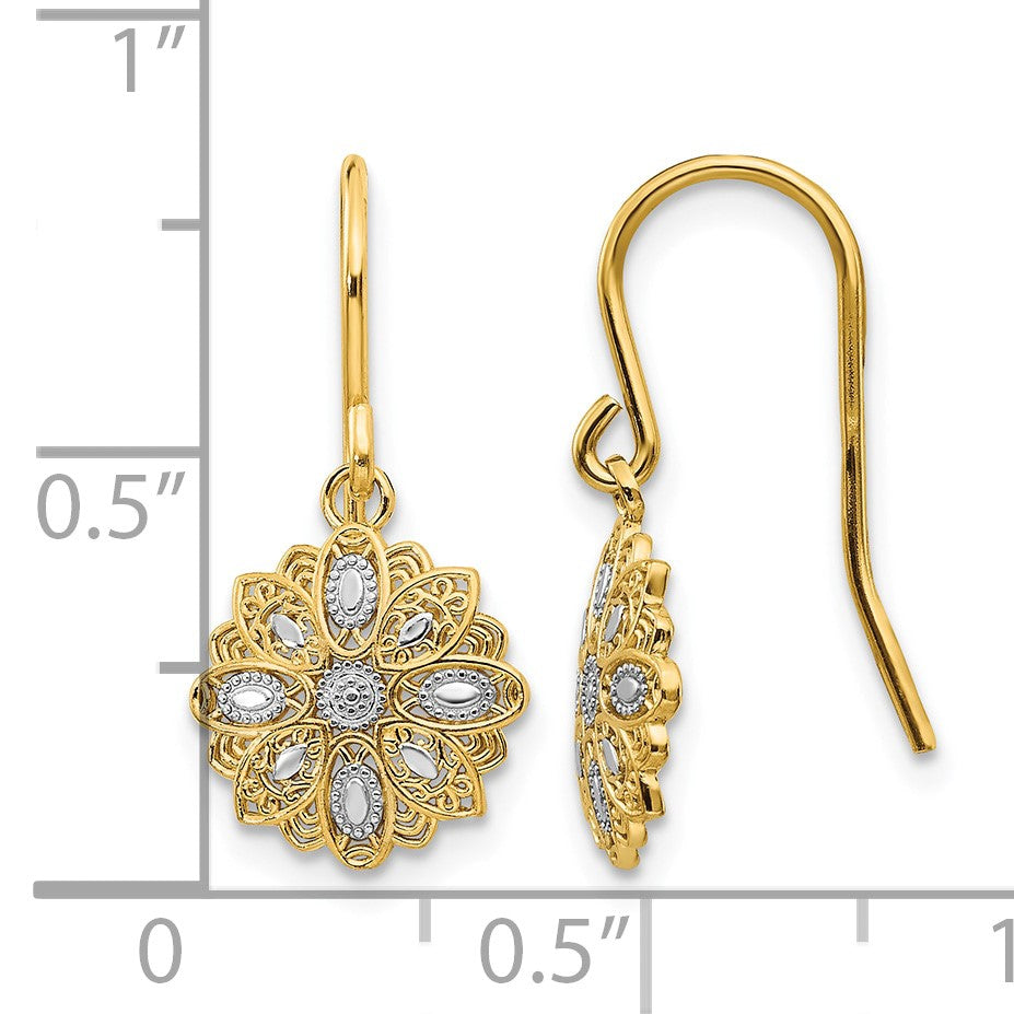 14k and White Rhodium Diamond-cut Polished Medallion Dangle Wire Earrings