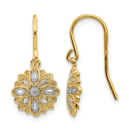 14k and White Rhodium Diamond-cut Polished Medallion Dangle Wire Earrings