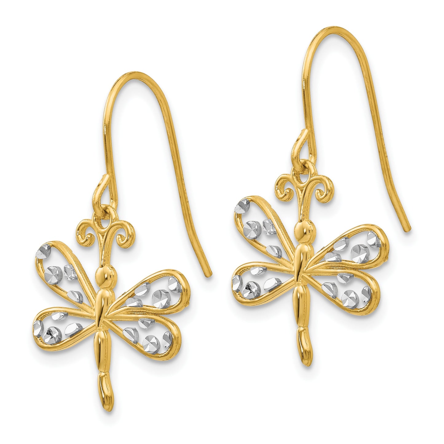 14k and White Rhodium Diamond-cut Dragonfly Dangle French Hook Earrings