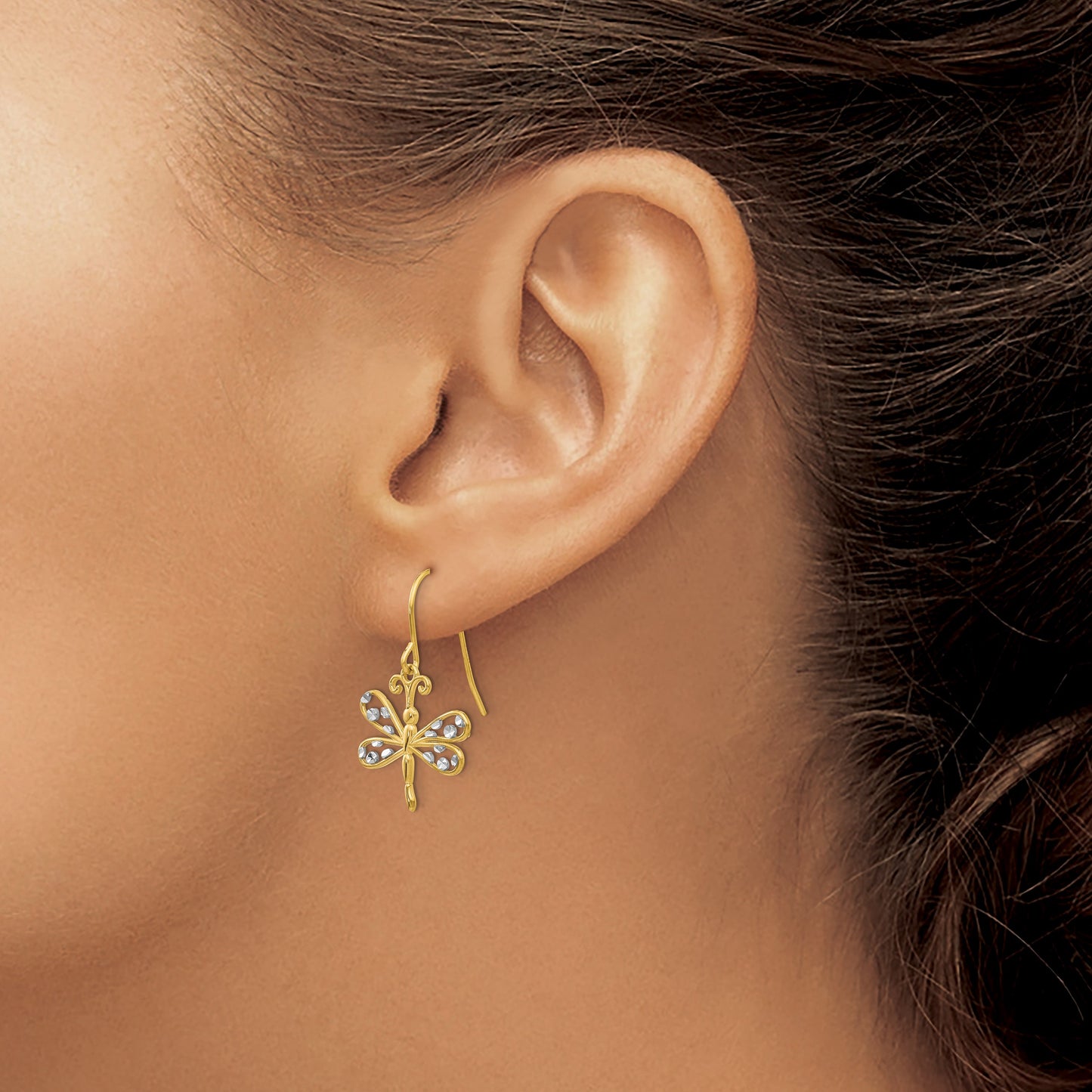 14k and White Rhodium Diamond-cut Dragonfly Dangle French Hook Earrings