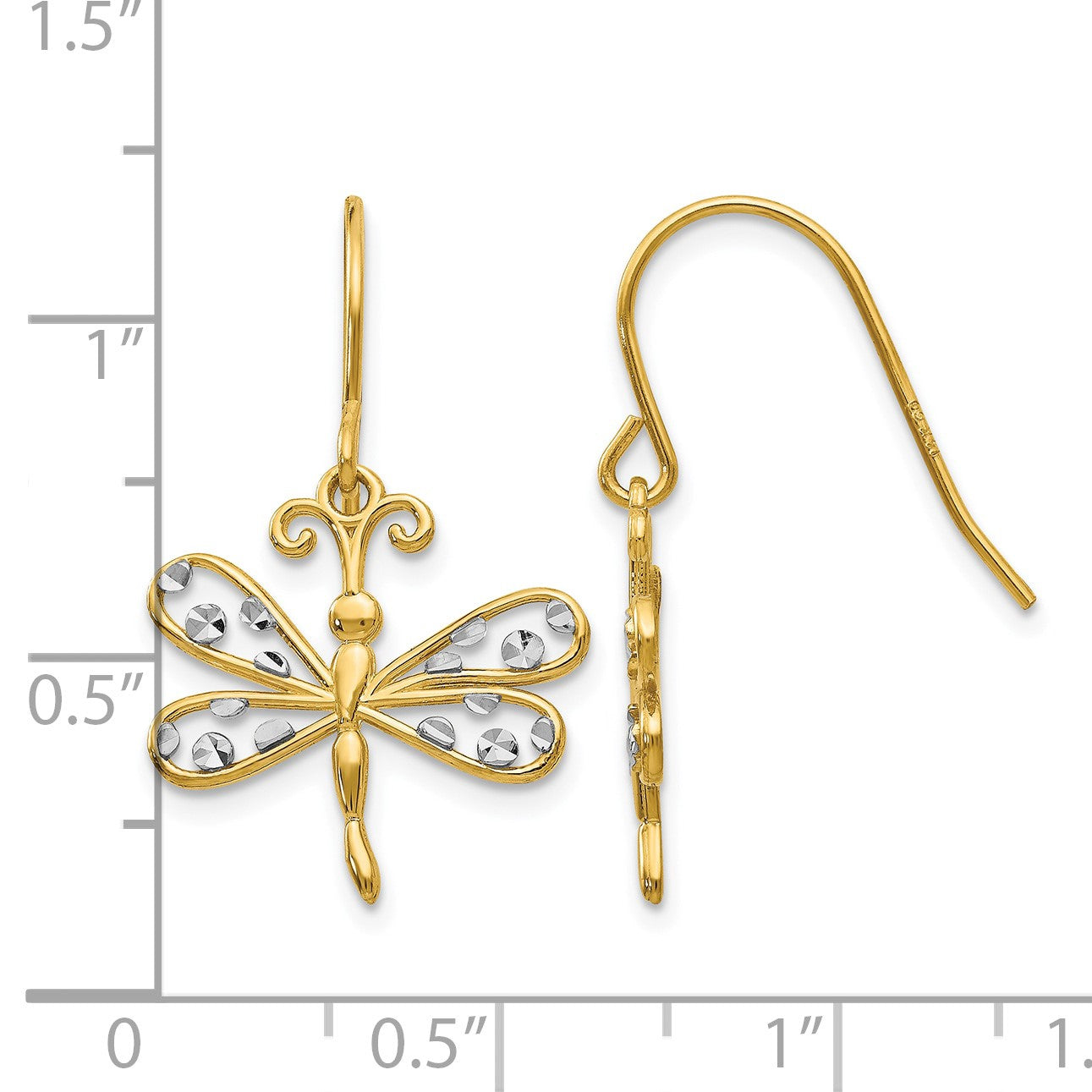 14k and White Rhodium Diamond-cut Dragonfly Dangle French Hook Earrings